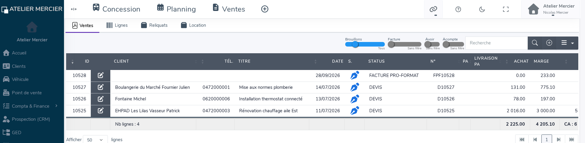 Liste des ventes Adliss de la société de démonstration Atelier Mercier : menu latéral (Accueil, Clients, Véhicule, Point de vente, Compta & Finance, Prospection, GED), onglets Concession, Planning, Ventes, filtres Brouillons, Facture, Avoir, Acompte, et quatre documents fictifs (une facture pro forma, trois devis) avec colonnes PA et Livraison PA