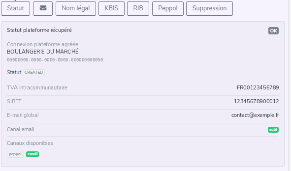 Fiche client Adliss, bloc plateforme agréée : boutons Statut, E-mail, Nom légal, KBIS, RIB, Peppol, Suppression ; statut de connexion CREATED, TVA intracommunautaire, SIRET et e-mail remplacés par des valeurs fictives, canal e-mail actif, canaux peppol et email