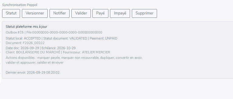 Écran de synchronisation Peppol d’une facture Adliss : boutons Statut, Versionner, Notifier, Valider, Payé, Impayé, Supprimer ; statut mis à jour ; statut local ACCEPTED, statut document VALIDATED, paiement UNPAID ; numéro, client et fournisseur remplacés par des valeurs fictives