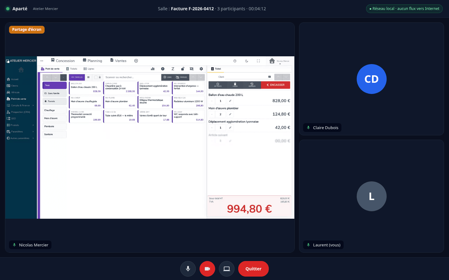 Appel Aparté à trois participants, l'un partage l'écran de caisse de l'ERP Adliss
