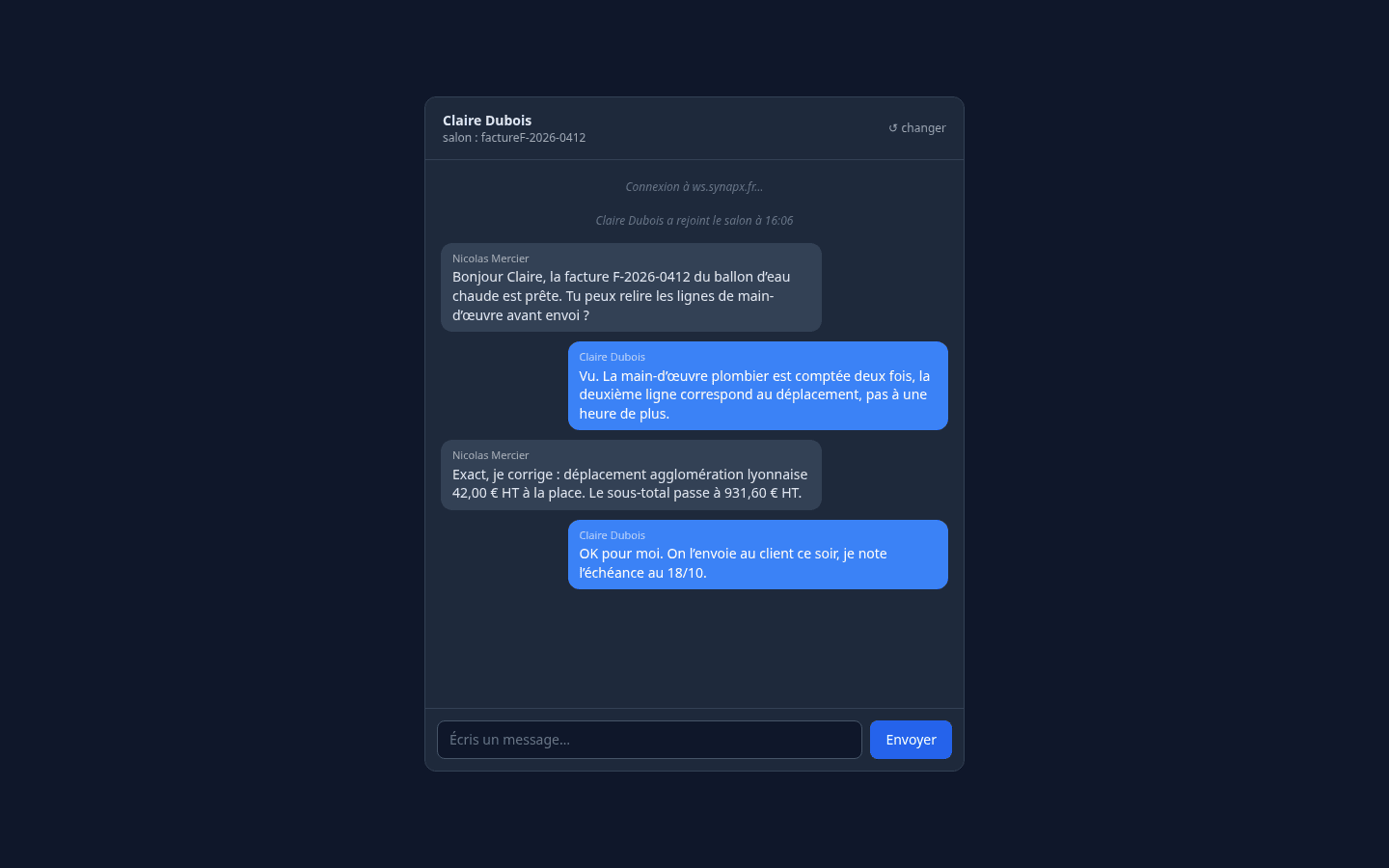 Fil de discussion attaché à une facture dans le SDK Chats de Synapx