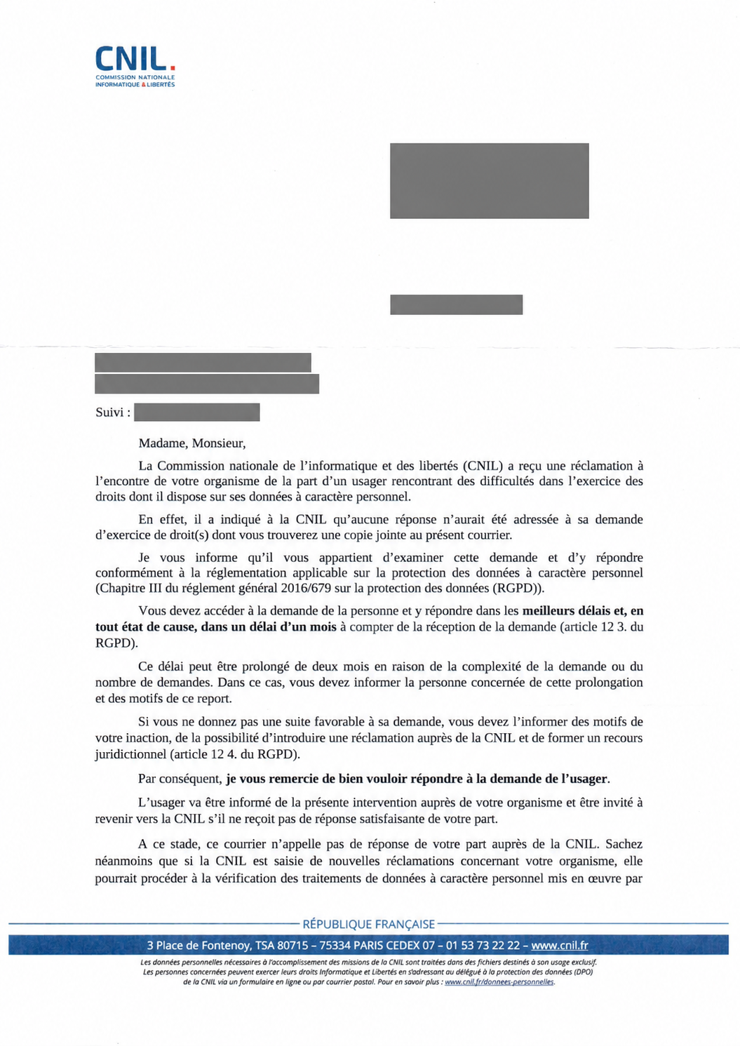 Courrier de la CNIL anonymisé reçu après une campagne de mailing B2B